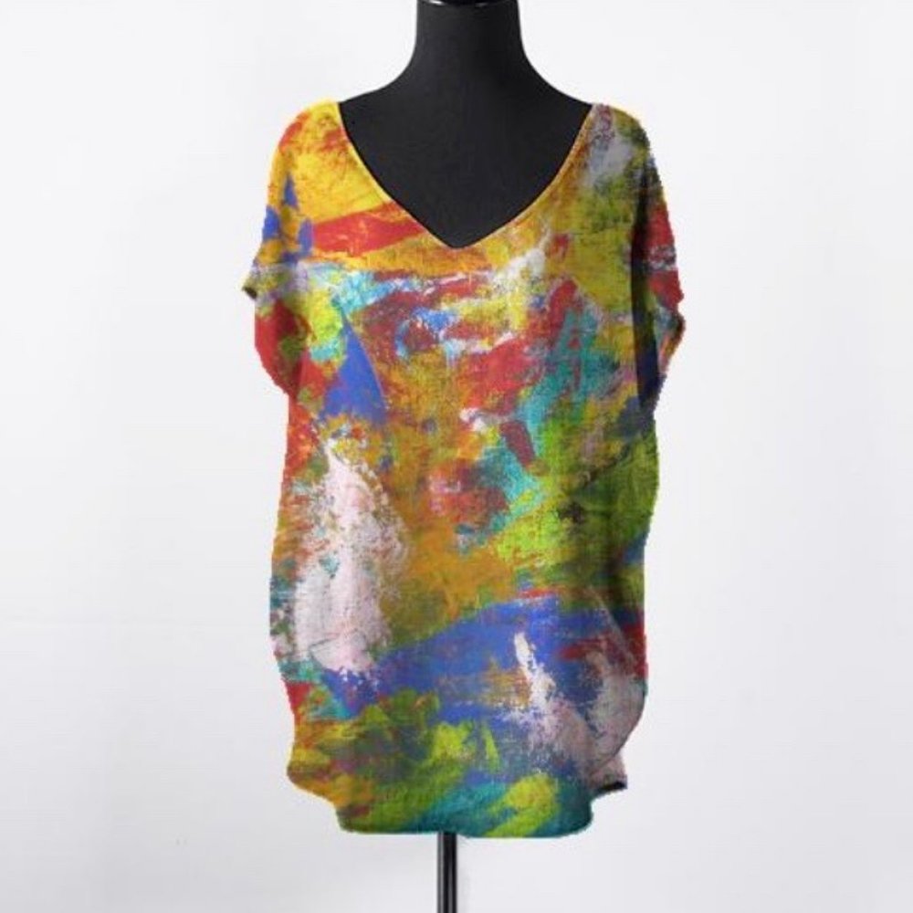 Sherwood Forest Abstract Art V‑Neck Blouse – Rare VIDA × Noora Elkoussy Collab